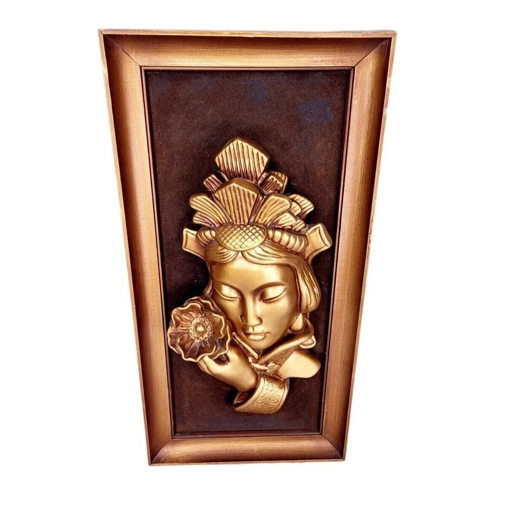 Vintage 50s 60s MCM 3D Gold Chinese Girl Lotus Flower Tretchikoff Green Girl Art